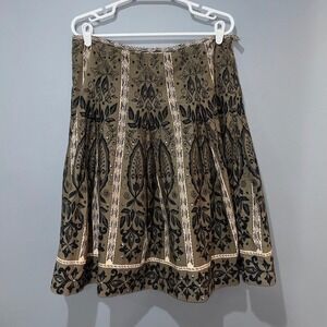 A Line Olive Green Black Floral Print Cotton Sequin A-Line Skirt Size 12